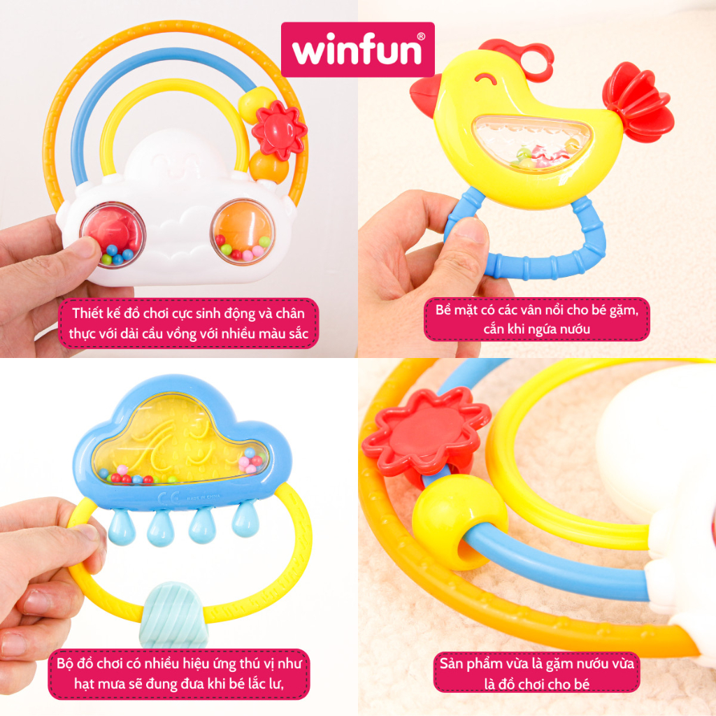 Set 3 đồ chơi xúc xắc cầm tay, gặm nướu chủ cho bé đề cầu vồng và mưa Winfun 3030-NL