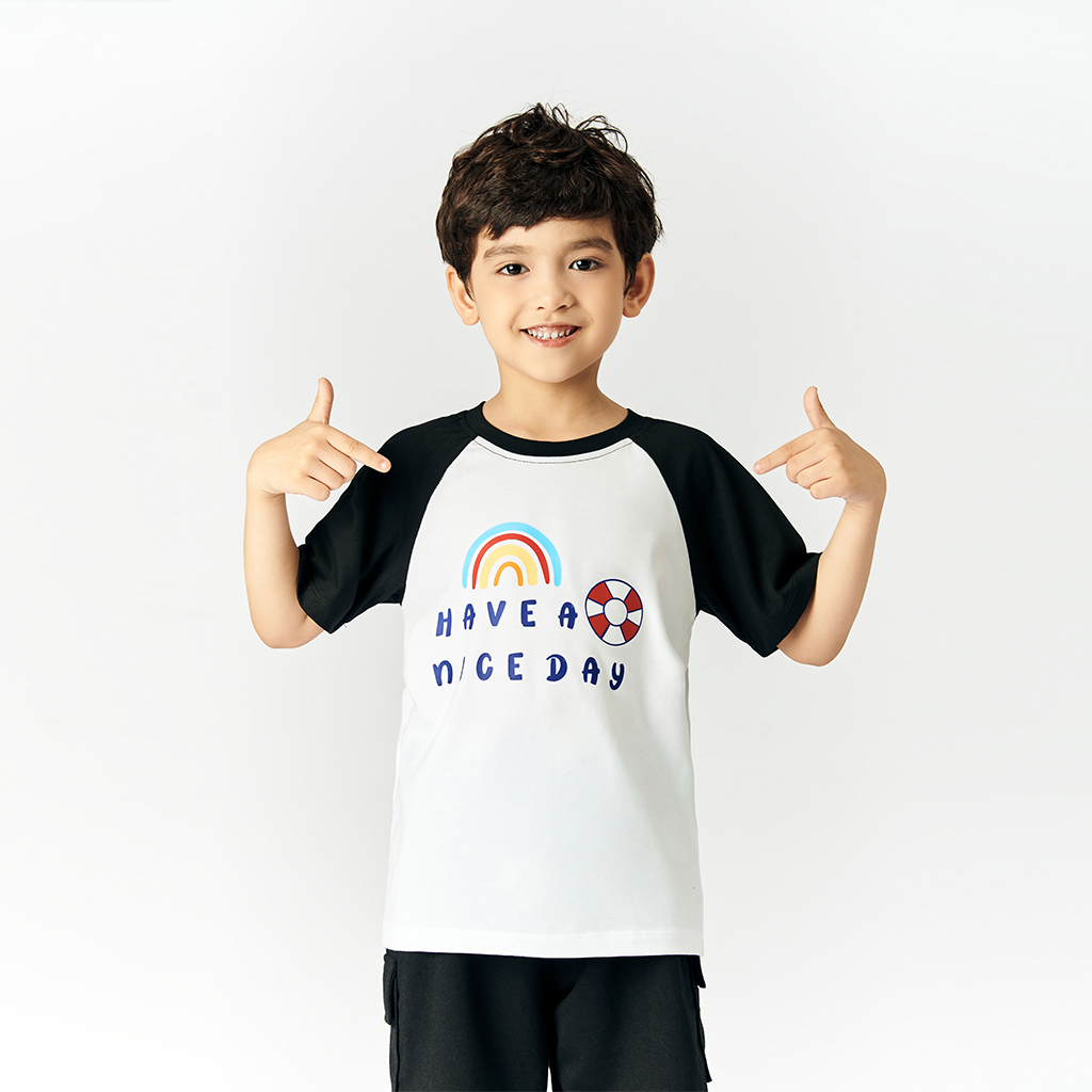 Áo thun ngắn tay BabyloveGO áo phông cộc tay cổ tròn phối màu cho bé trai bé gái NICE DAY