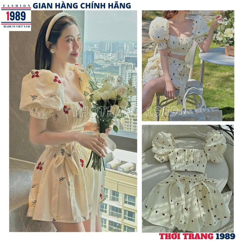 Sét đồ nữ- áo croptop hoa nhí xếp ly ngực tay bồng kèm quần giả váy xòe lưng cao màu be sữa chất thô mềm đi chơi đi biển