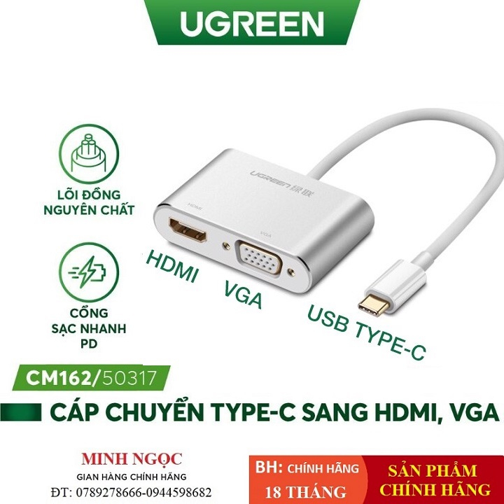 Bộ cáp chuyển đổi USB type C sang HDMI + VGA vỏ nhôm dài 10cm UGREEN 50317 CM162 - Hàng phân phối chính thức