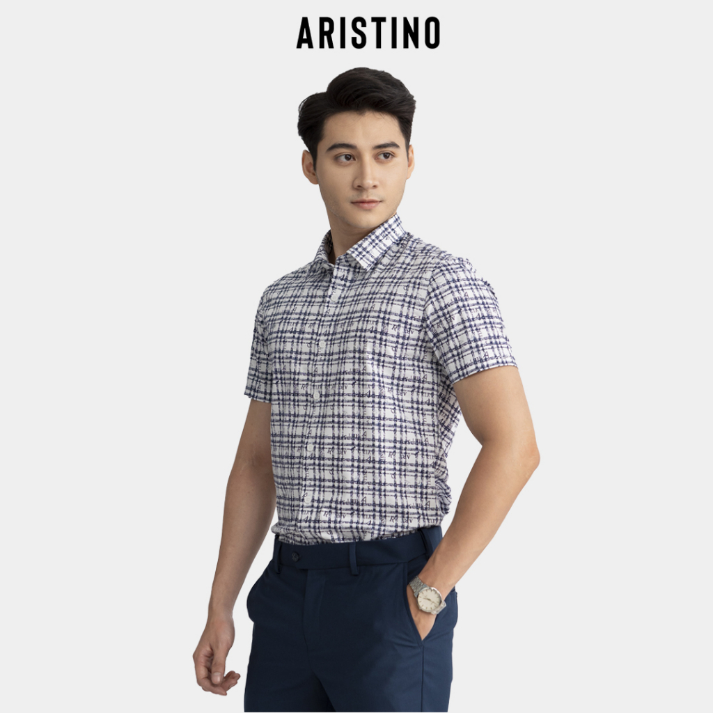 Áo sơ mi nam ngắn tay ARISTINO họa tiết xanh in trẻ trung, sắc nét  - ASS109S2
