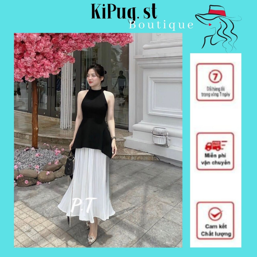 Set Đồ Nữ Đi Biển Đi Chơi, Áo Croptop Cổ Yếm Đuôi Cá Kèm Chân Váy Midi Xếp Ly Thiết Kế 2 Lớp Đầm Maxi Đi Biển