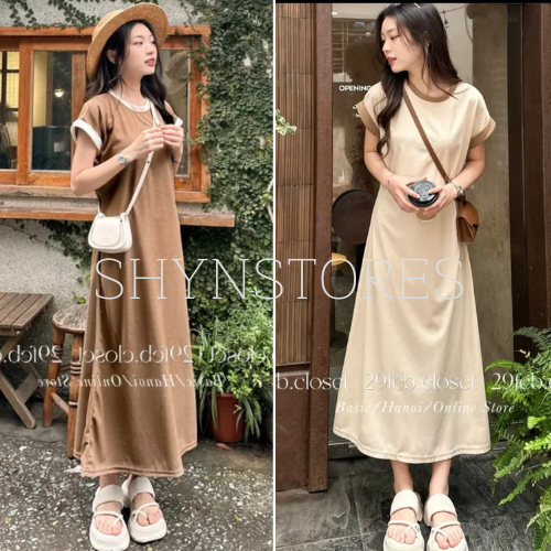 Shynstores Đầm suông nữ - váy suông trơn cổ tròn dáng rộng phối viền vải tổ ong siêu xinh