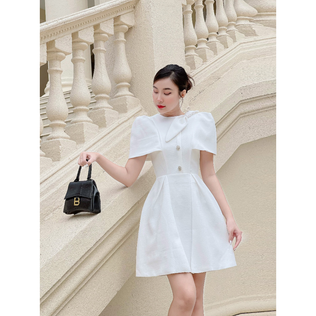 Đầm thiết kế Amy Dress cao cấp, Váy dự tiệc chữ A thiết kế cổ đính nơ tay phồng kiểu dáng sang trọng