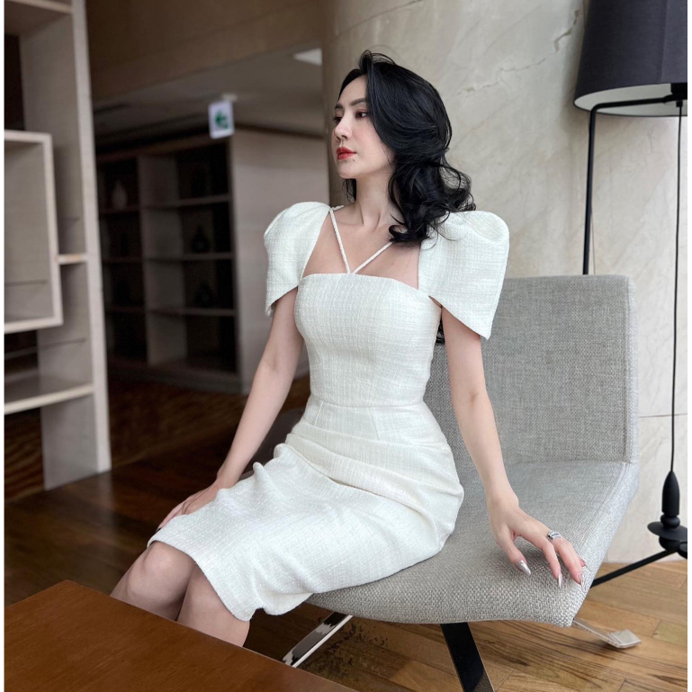 Đầm thiết kế cao cấp Rina Dress, Váy body cổ vuông tay phồng siêu tôn dáng