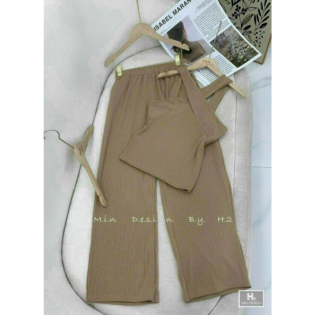 [6.6 Sales Freeship] Set bộ thun gân áo cổ yếm mix quần dài ống rộng, set bộ basic trơn màu thun gân dạo phố cá tính mtb