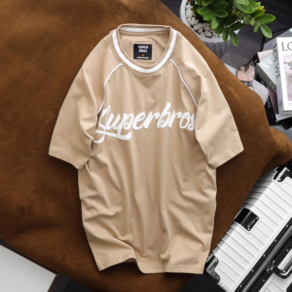 Áo Thun Unisex Super Bros Phối Viền Hình In Nổi, Hàng Chính Hãng, Chất Vải Cotton 2 Chiều Cao Cấp, Thấm Hút Mồ Hôi