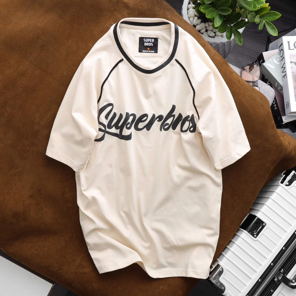 Áo Thun Unisex Super Bros Phối Viền Hình In Nổi, Hàng Chính Hãng, Chất Vải Cotton 2 Chiều Cao Cấp, Thấm Hút Mồ Hôi