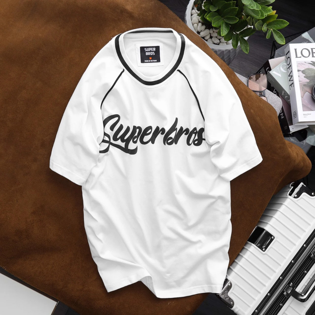 Áo Thun Unisex Super Bros Phối Viền Hình In Nổi, Hàng Chính Hãng, Chất Vải Cotton 2 Chiều Cao Cấp, Thấm Hút Mồ Hôi