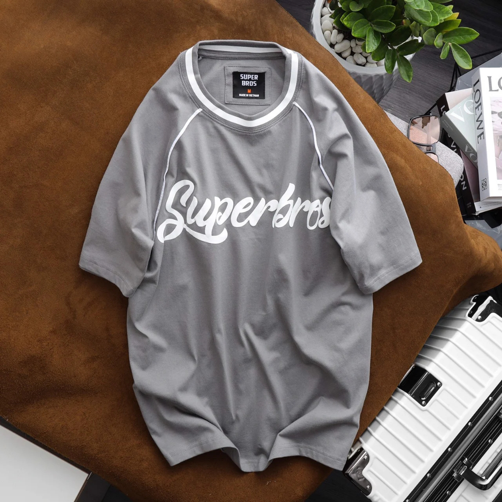 Áo Thun Unisex Super Bros Phối Viền Hình In Nổi, Hàng Chính Hãng, Chất Vải Cotton 2 Chiều Cao Cấp, Thấm Hút Mồ Hôi