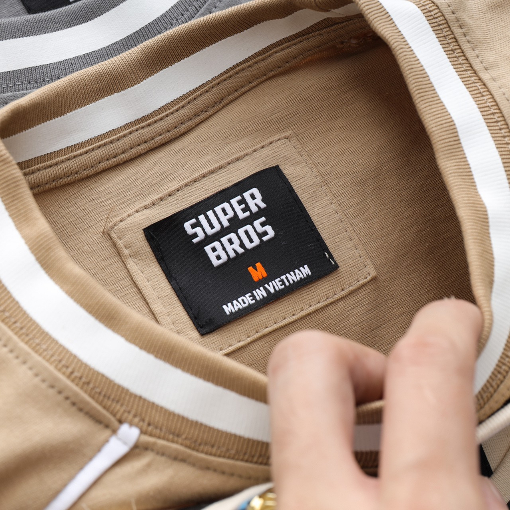 Áo Thun Unisex Super Bros Phối Viền Hình In Nổi, Hàng Chính Hãng, Chất Vải Cotton 2 Chiều Cao Cấp, Thấm Hút Mồ Hôi