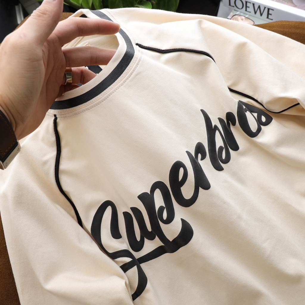 Áo Thun Unisex Super Bros Phối Viền Hình In Nổi, Hàng Chính Hãng, Chất Vải Cotton 2 Chiều Cao Cấp, Thấm Hút Mồ Hôi