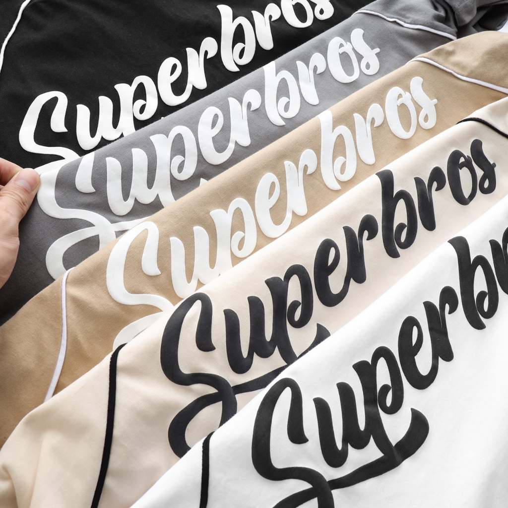 Áo Thun Unisex Super Bros Phối Viền Hình In Nổi, Hàng Chính Hãng, Chất Vải Cotton 2 Chiều Cao Cấp, Thấm Hút Mồ Hôi