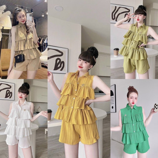 Set bộ đùi đũi gân thoáng mát áo sơ mi nữ kiểu sát nách tầng bèo siêu xinh, set bộ đồ tiểu thư bèo tầng ba lỗ M496