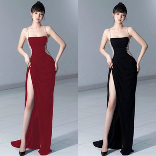 Đầm dạ hội body xẻ đùi khoét eo đính đá pha lê-hn tặng kèm hoa tai thời trang