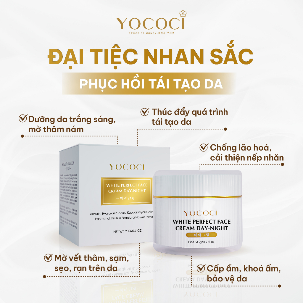 Kem dưỡng trắng da mặt ngày đêm Yococi dưỡng ẩm, sáng da, mờ thâm, ngừa lão hoá White Perfect Face Cream Day Night 20g