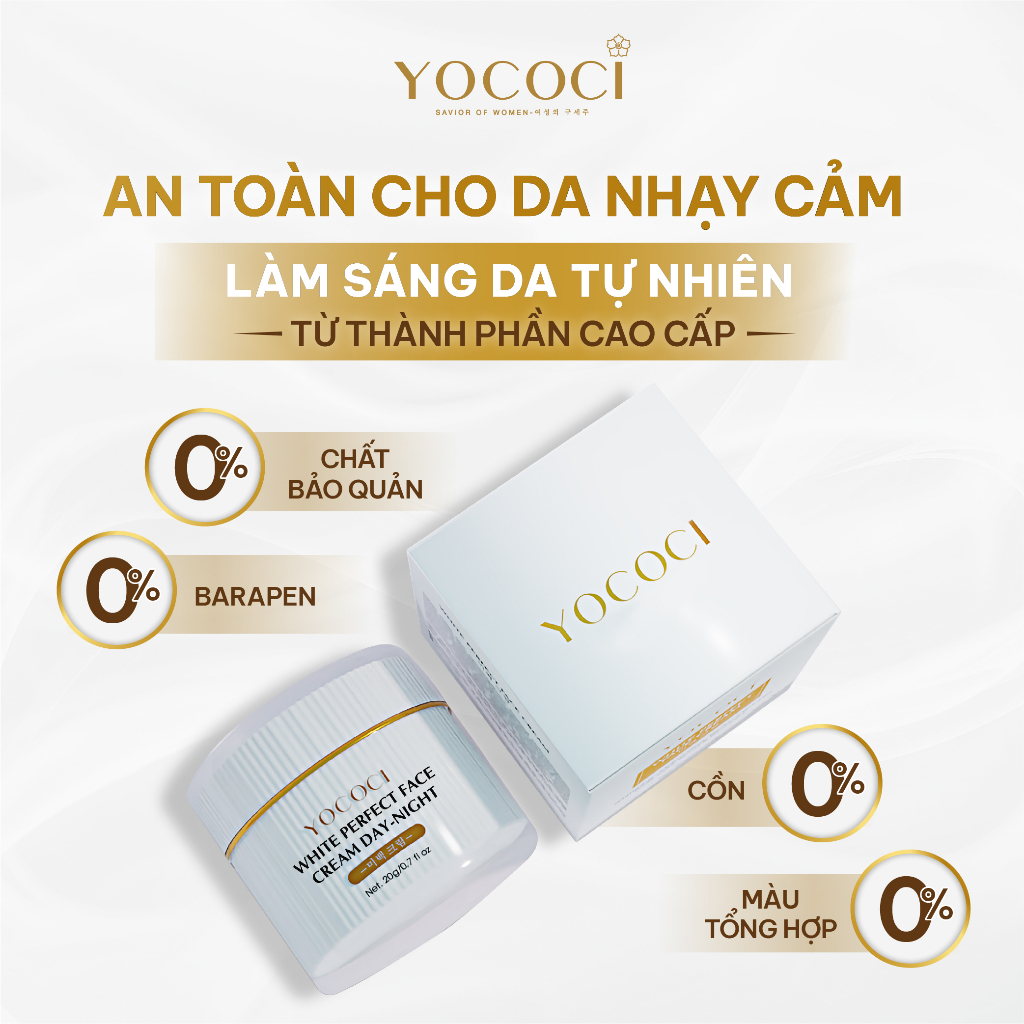 Kem dưỡng trắng da mặt ngày đêm Yococi dưỡng ẩm, sáng da, mờ thâm, ngừa lão hoá White Perfect Face Cream Day Night 20g