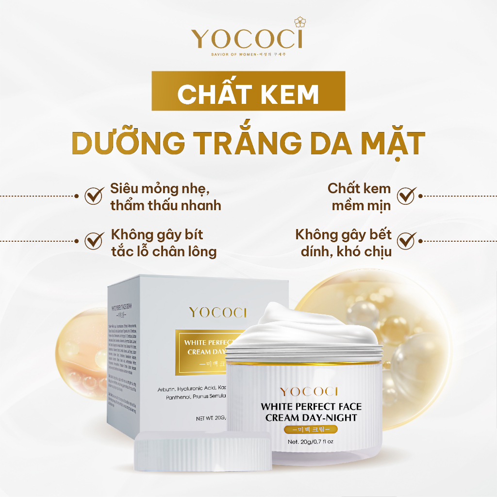 Kem dưỡng trắng da mặt ngày đêm Yococi dưỡng ẩm, sáng da, mờ thâm, ngừa lão hoá White Perfect Face Cream Day Night 20g