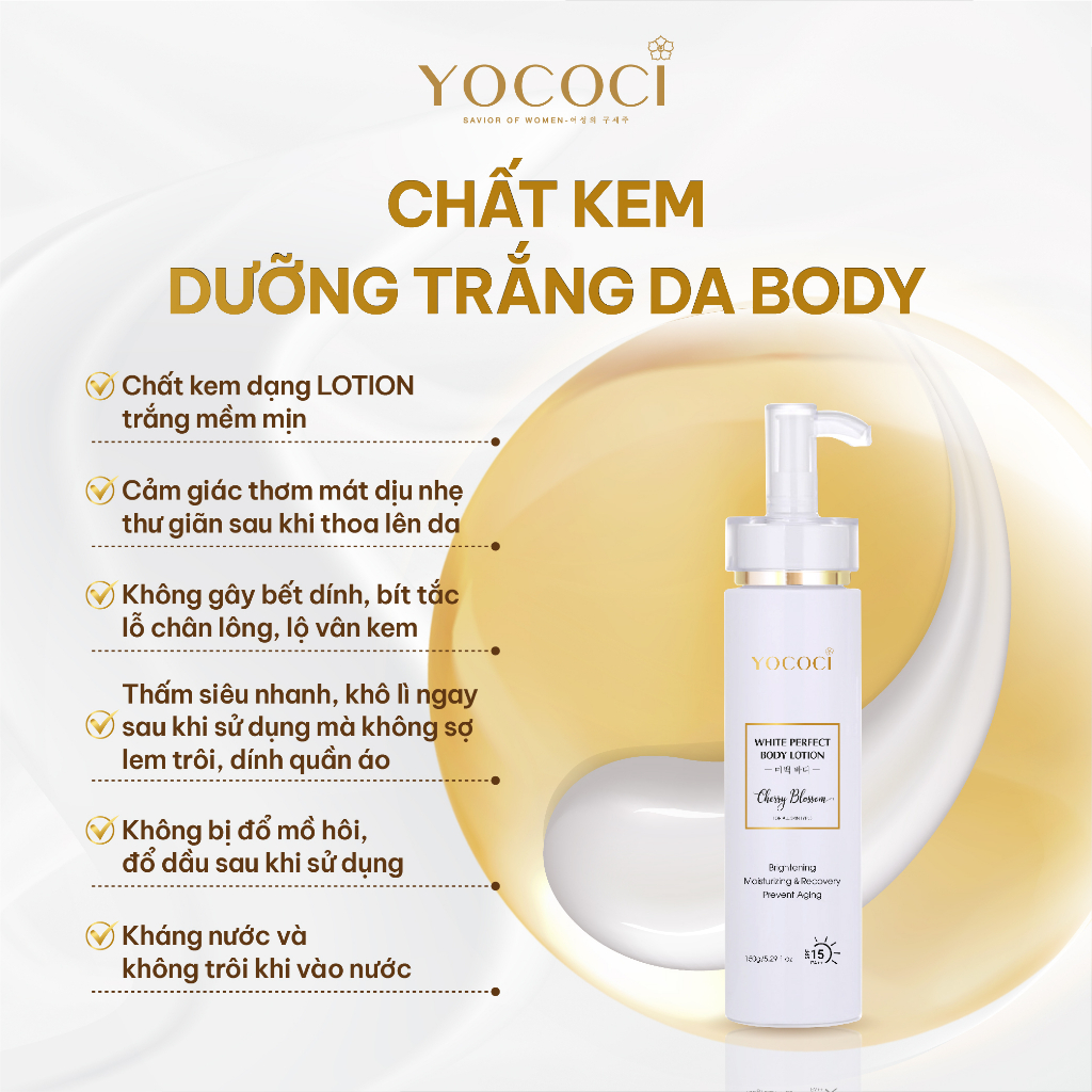 Kem dưỡng trắng da body Yococi nâng tone, dưỡng ẩm, chống nắng, ngừa tia UV White Perfect Body Lotion 150g