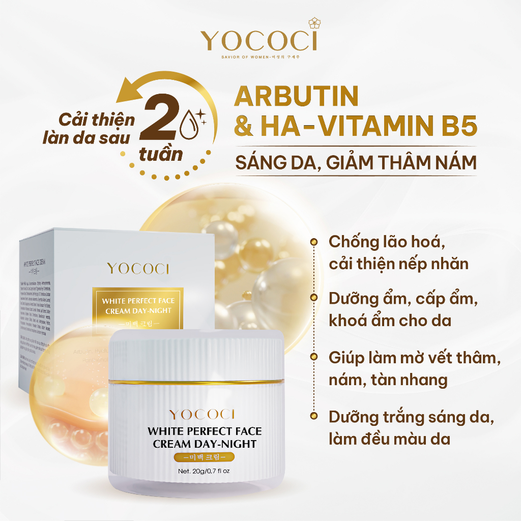 Kem dưỡng trắng da mặt ngày đêm Yococi dưỡng ẩm, sáng da, mờ thâm, ngừa lão hoá White Perfect Face Cream Day Night 20g