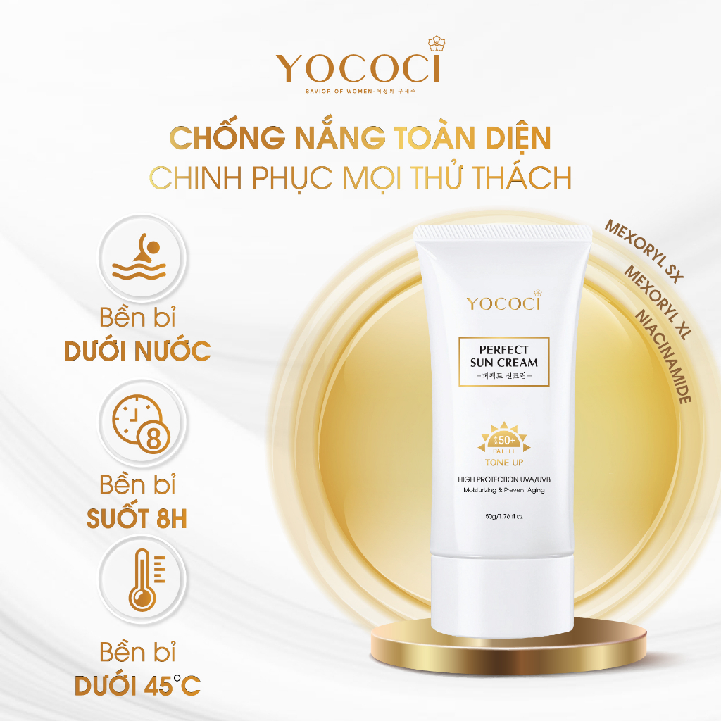 Kem chống nắng dưỡng da mặt Yococi chống nắng toàn diện nâng tone tự nhiên, lâu trôi Perfect Sun Cream SPF50+ PA++++ 50g