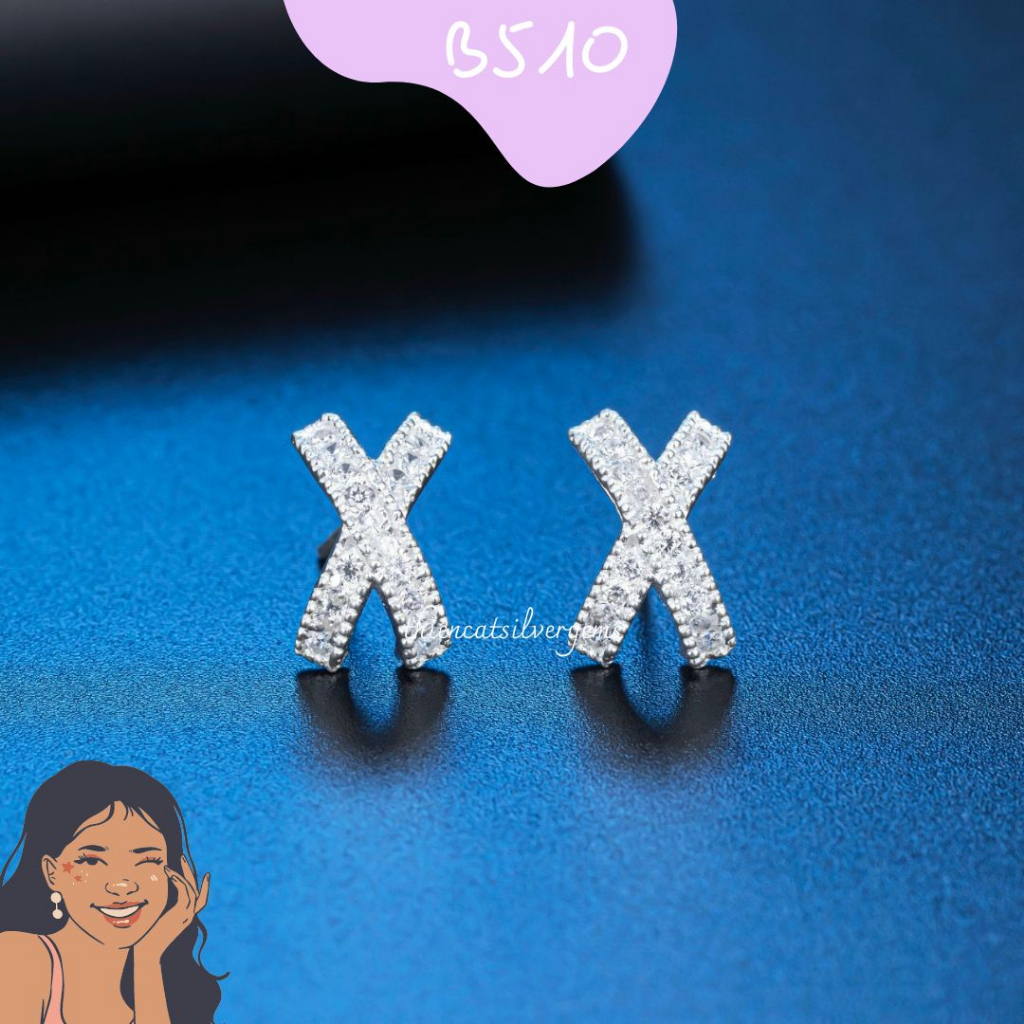 B510 Bông tai khoen bật chữ X đính đá Bạc thật Thiên Cát s950