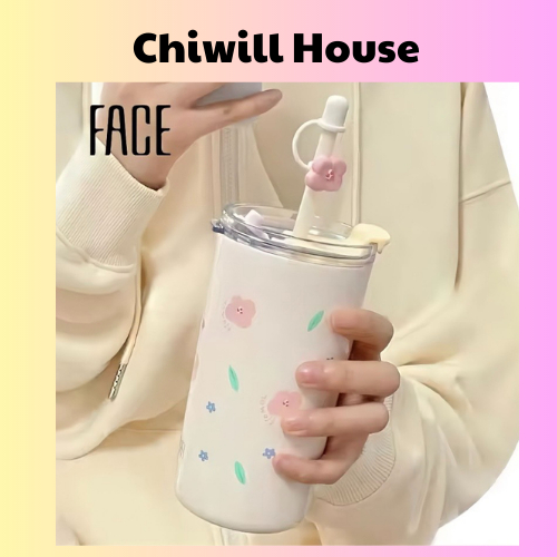 Ly giữ nhiệt chính hãng FACE , hàng cao cấp - Dung tích 480-500ML - Họa tiết in Hoa Anh Đào - Kèm ống hút hoa