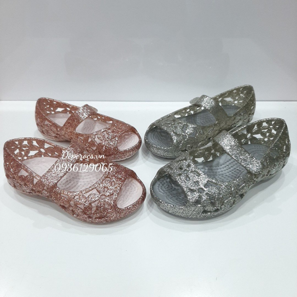 Thanh lý sandal crocs isabella glifter cho bé gái màu bạc nhũ lấp lánh chính hãng hàng trưng bày, xăng đan crocs giá rẻ