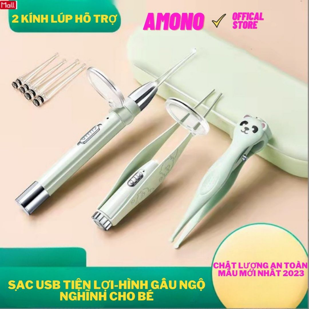 Bộ lấy ráy tai Hình Gấu gắp rỉ mũi cho bé có đèn, bộ 3 món vệ sinh tai mũi cho bé và gia đình - Mấu mới 2023