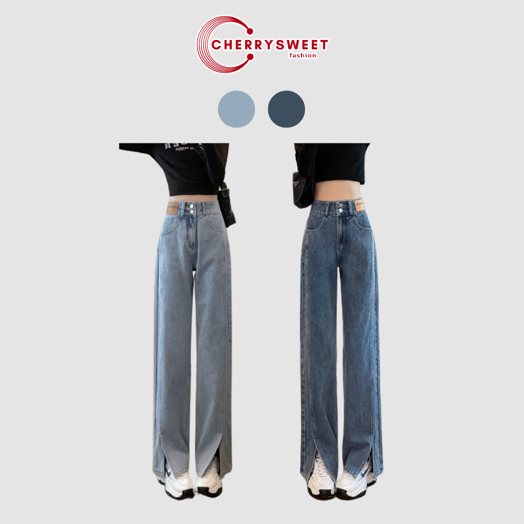 Quần jean nữ ống rộng xẻ gấu cạp cao 2 cúc CHERRYSWEET dáng xuông ống đứng chất bò xịn cao cấp thời trang Hàn Quốc T069