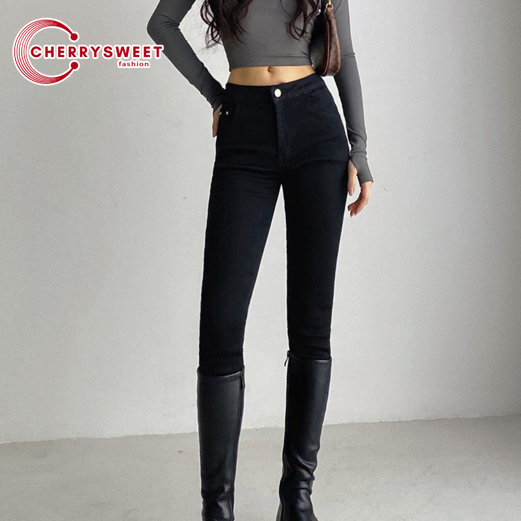 Quần skinny jean nữ CHERRYSWEET cạp cao chất co dãn dáng ôm có túi bigsize dài trơn basic phong cách Hàn Quốc T022