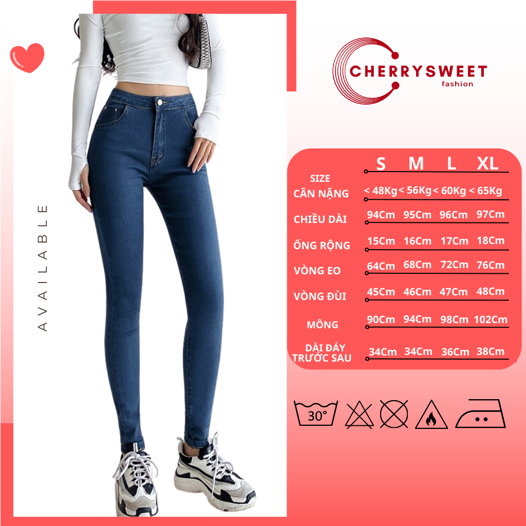 Quần skinny jean nữ CHERRYSWEET cạp cao chất co dãn dáng ôm có túi bigsize dài trơn basic phong cách Hàn Quốc T022