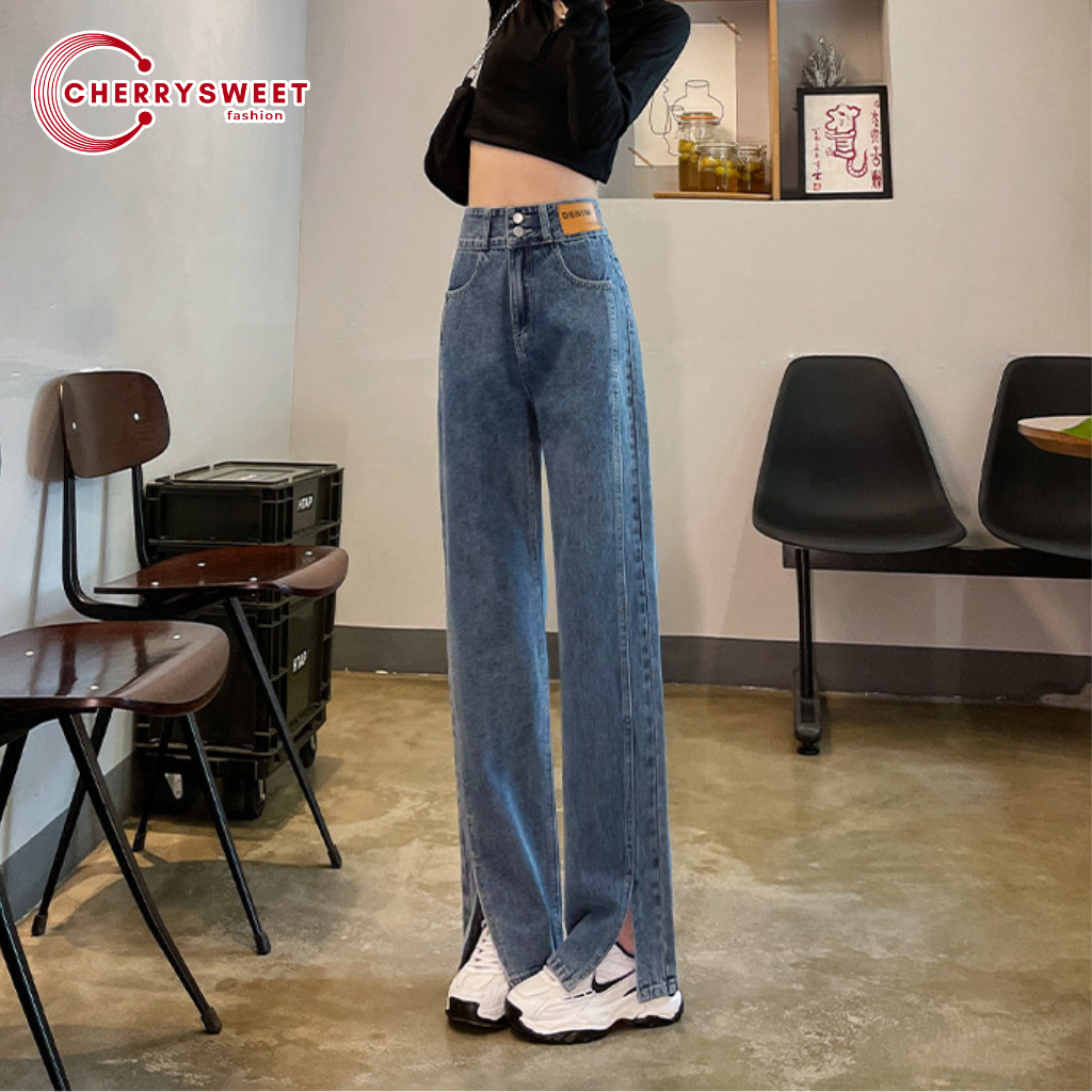 Quần jean nữ ống rộng xẻ gấu cạp cao 2 cúc CHERRYSWEET dáng xuông ống đứng chất bò xịn cao cấp thời trang Hàn Quốc T069