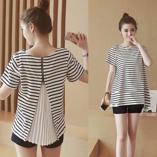  Áo bầu thiết kế nữ Bầu Xinh VyVy màu trắng kẻ đen 