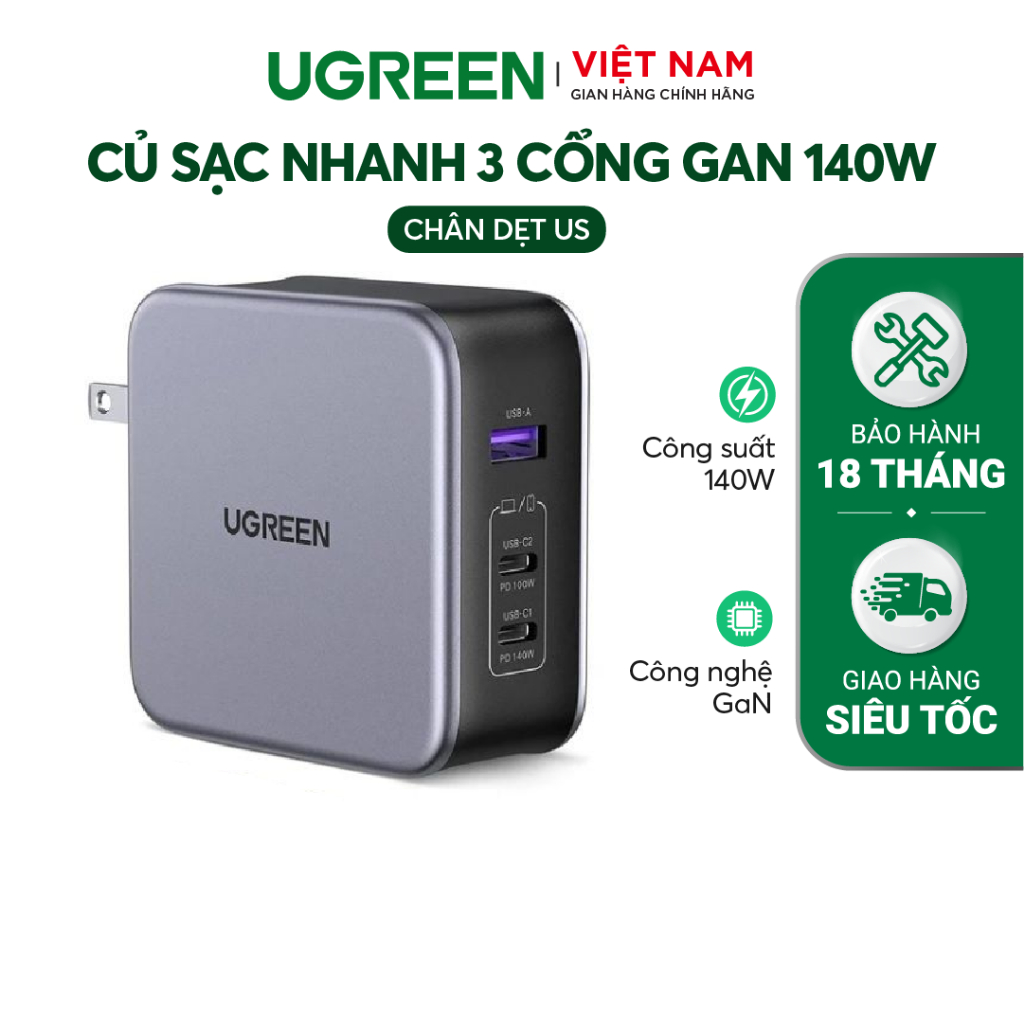 Củ sạc máy tính/ điện thoại, sạc nhanh UGREEN 140W CD289 Nexode|GaN|3 cổng USB PD 3.1 QC 4.0 3.0|BH 18 tháng 1 đổi 1