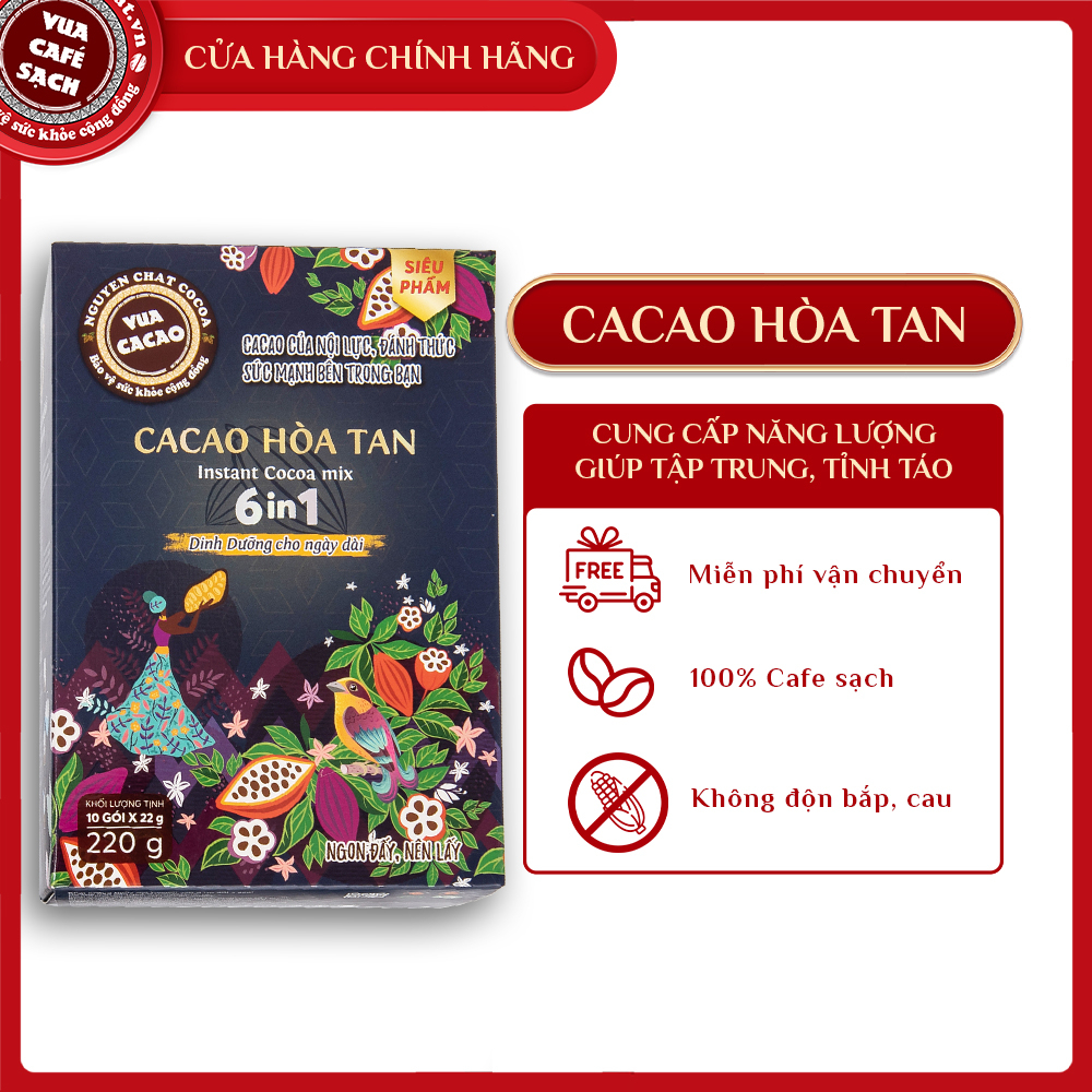 Bột cacao hòa tan 6 in 1, VUA CACAO hảo hạng tăng cường năng lượng, cung cấp dinh dưỡng cho ngày dài - 220g