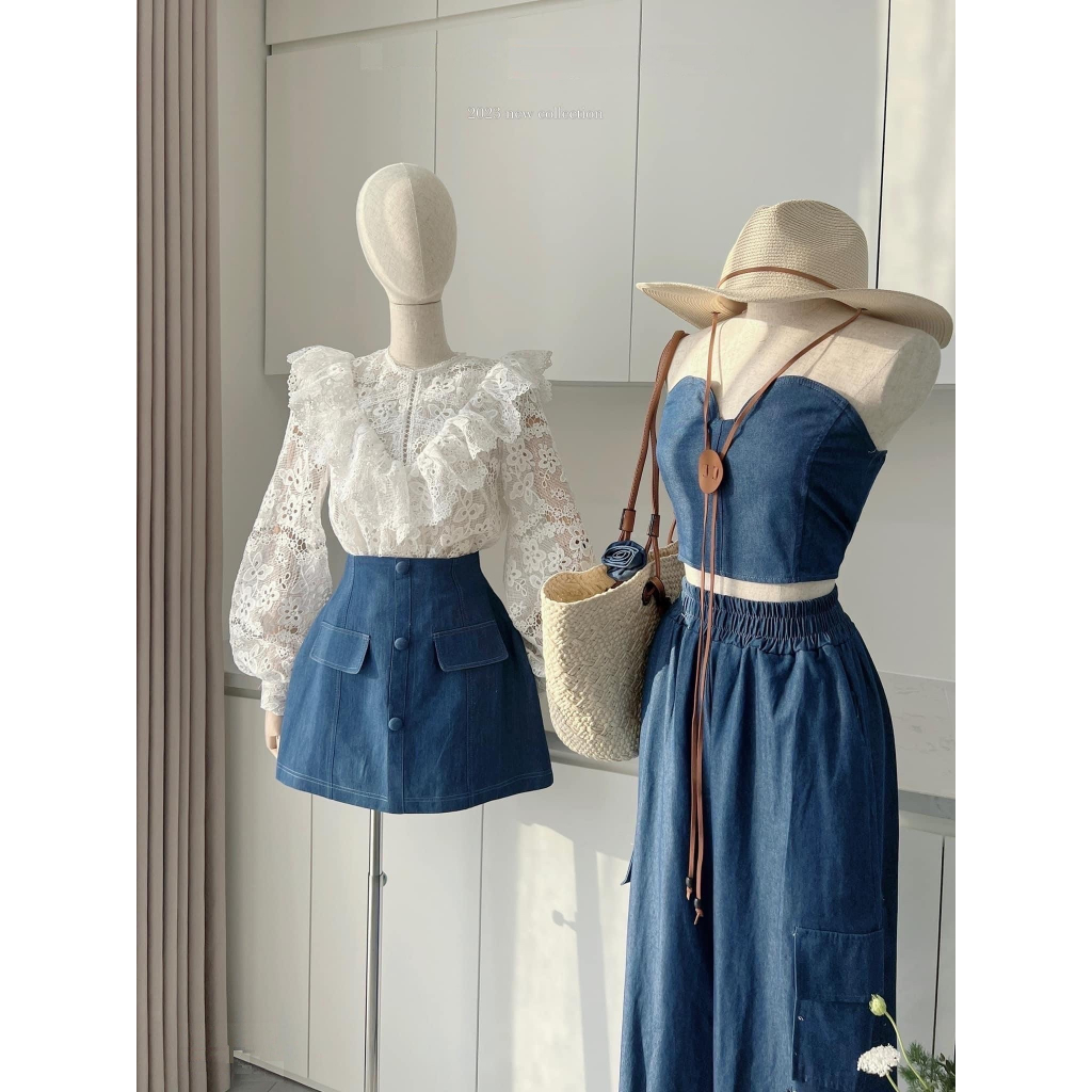 SET BUTTERFLY CH N VÁY JEANS ÁO TAY BỒNG PHỐI REN NĂNG ĐỘNG [HCM2304013]