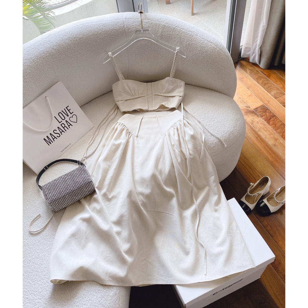 SET Áo 2s linen croptop kèm Chân Váy midi màu be đi biển/du lịch NÀNG CLOSET