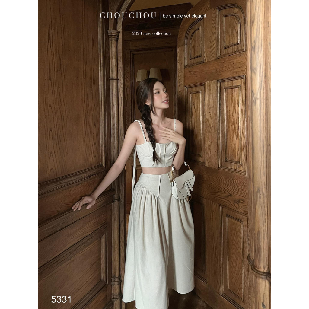 SET Áo 2s linen croptop kèm Chân Váy midi màu be đi biển/du lịch NÀNG CLOSET