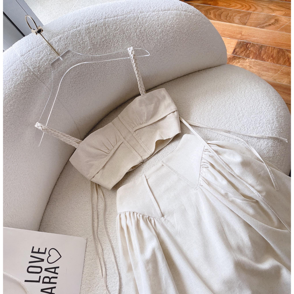 SET Áo 2s linen croptop kèm Chân Váy midi màu be đi biển/du lịch NÀNG CLOSET