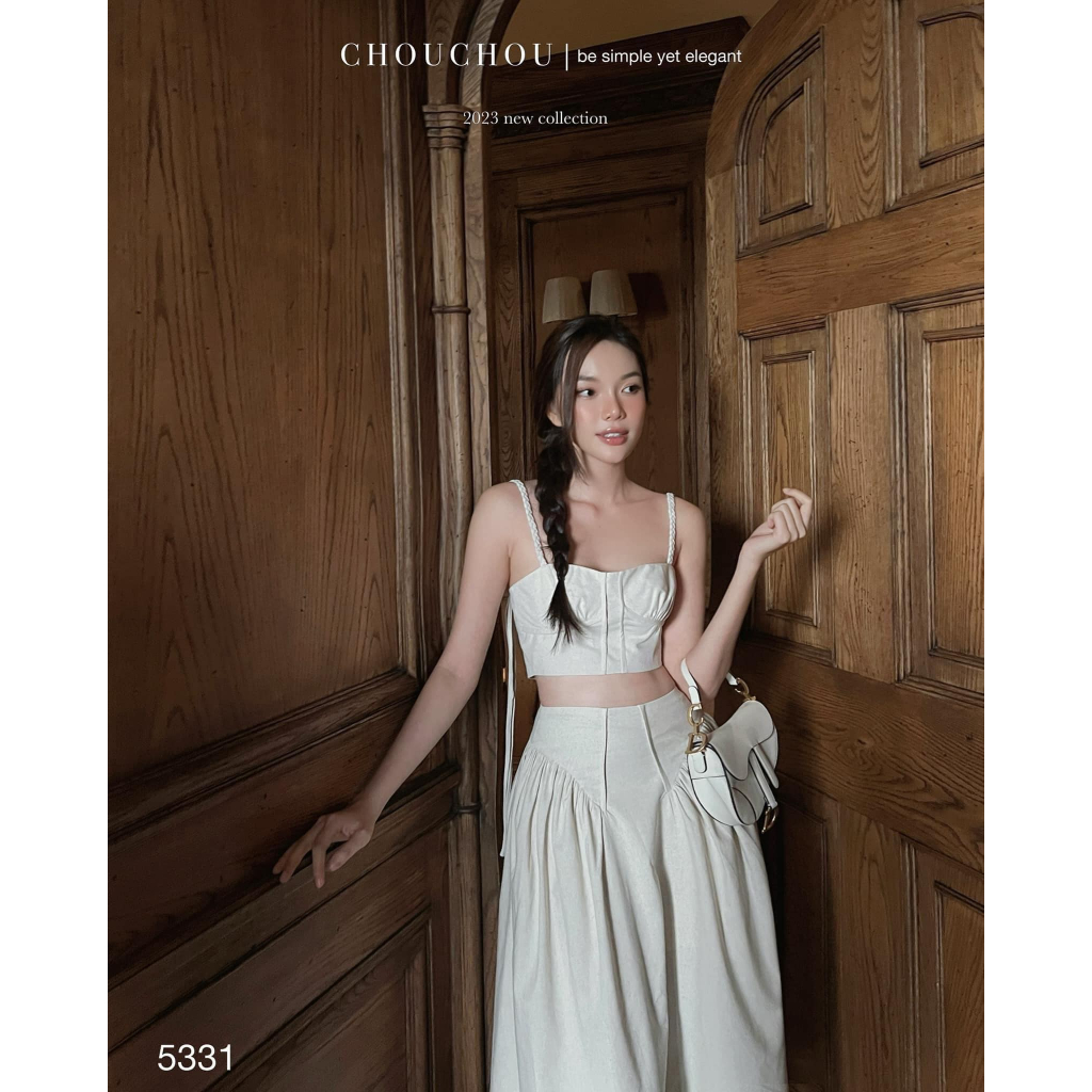 SET Áo 2s linen croptop kèm Chân Váy midi màu be đi biển/du lịch NÀNG CLOSET