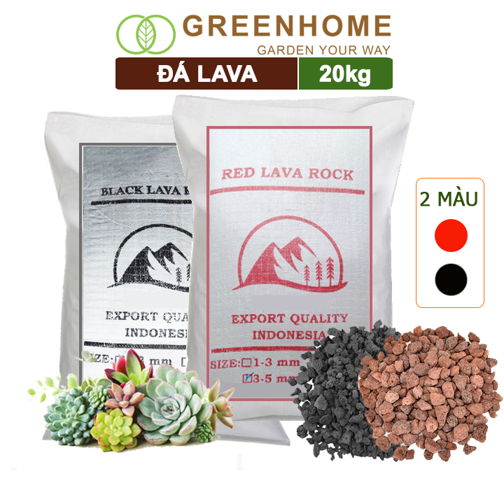 Đá nham thạch lava Greenhome, bao 20kg, màu đỏ, đen, size 3-5mm, sạch bụi, cho thủy sinh, bonsai, xương rồng