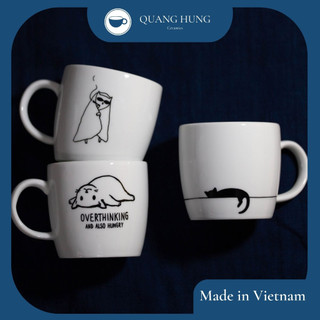 Cốc sứ Bát Tràng màu trắng in hình mèo dễ thương, dung tích 300ml.Tặng thìa sứ.