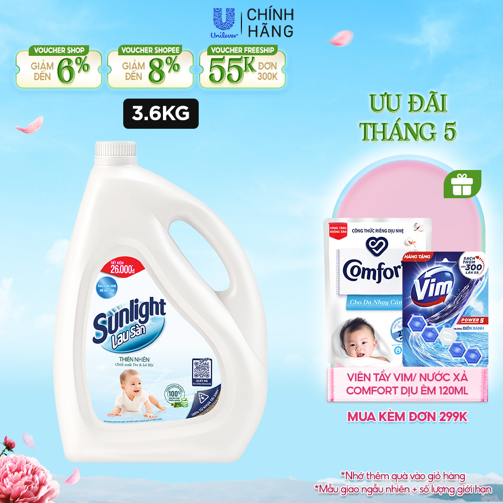 Nước lau sàn Cao Cấp Sunlight Chai 3.6KG Tinh dầu Thảo mộc Ngăn côn trùng (Chanh & Sả | Quế & Cam | Tre & Lô hội)