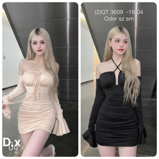 Đầm gân 2 dây trễ vai tay dài có mút ngực quyến rũ sexy