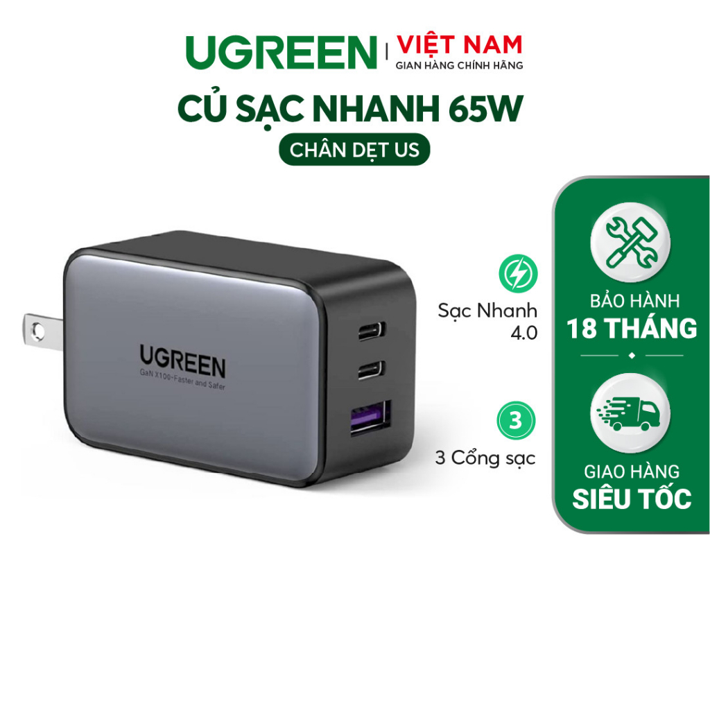 Củ sạc máy tính/ điện thoại UGREEN 65W CD244 Nexode|GaN II|3 cổng sạc nhanh | QC 4.0 3.0|BH 18 tháng 10334 10335 15333