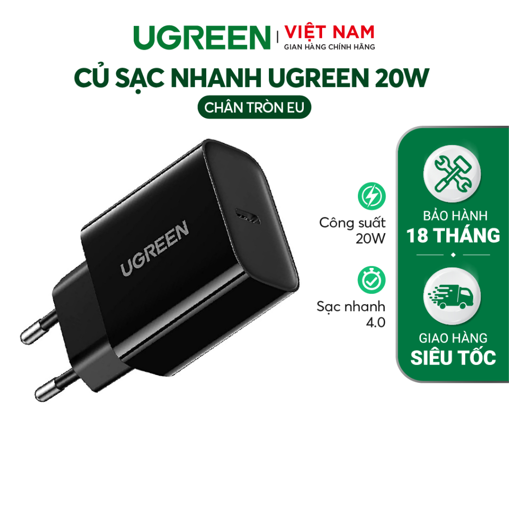 Củ sạc nhanh 20W UGREEN 10191 USB-C chuẩn Châu Âu - Hàng phân phối chính hãng