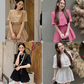 Sét bộ áo croptop cổ tròn tay ngắn đính nút quần đùi  giả váy Linen tôn dáng sang chảnh cá tính dự tiệc, đi chơi M579