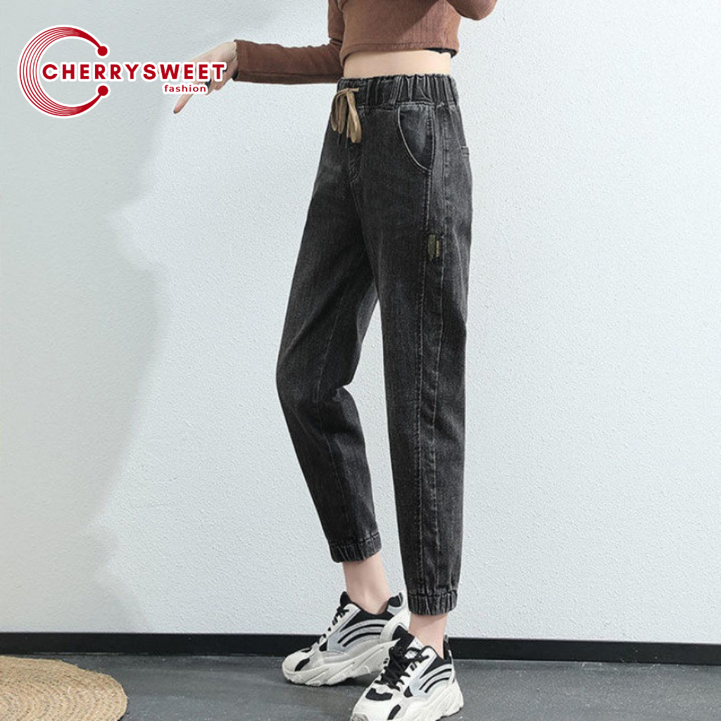 Quần jean baggy nữ ống rộng CHERRYSWEET cạp chun dây rút dáng suông chất vải denim dày đẹp phong cách Hàn Quốc T061