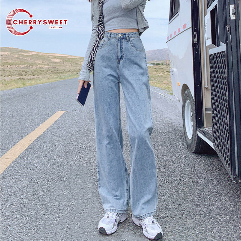 Quần jean ống rộng nữ CHERRYSWEET dáng suông dài cạp cao chất bò xịn kiểu ulzzang phong cách Hàn Quốc dễ phối đồ T008